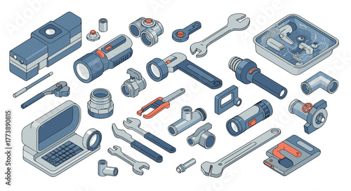 Isometric mechanical tools and devices set for industrial and engineering projects