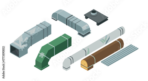 Isometric hvac ducts collection with industrial ventilation elements