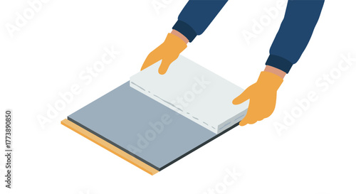 Isometric hands installing drywall with tools and gloves on white background