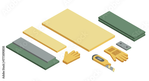 Isometric construction tools and materials collection for diy projects