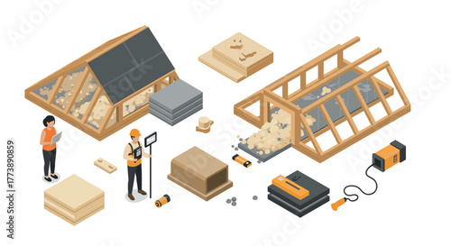 Construction process and tools in isometric design for roofing and framing