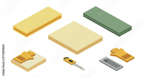 Construction tools and materials isometric knife, gloves, insulation boards for diy projects