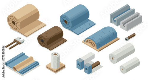 Isometric building materials diverse insulation, pipes, and hardware