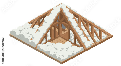 Isometric wooden attic frame with snowy roof in winter