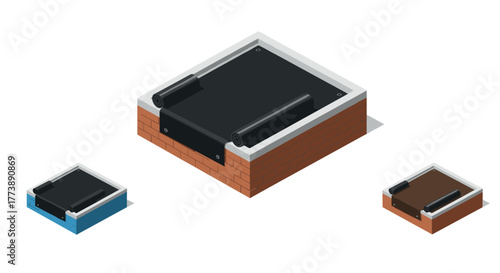 Isometric roof waterproofing membrane set with brick and tile details