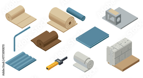 Isometric construction materials set featuring insulation, metal, and concrete elements