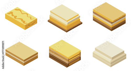 Delicious isometric cake slices collection featuring varied layered desserts and pastries