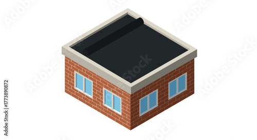 Isometric brick building with black roofing membrane for flat roof design