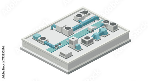 Isometric modern industrial rooftop with hvac systems and ventilation units