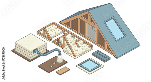 Isometric roof insulation components with attic crosssection and skylight