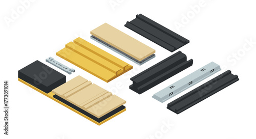 Isometric industrial components set detailed engineering parts and tools