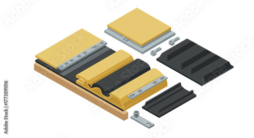 Isometric roofing materials collection durable shingles and fasteners