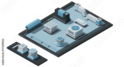 Isometric industrial rooftop with hvac systems and solar panels in minimalist style