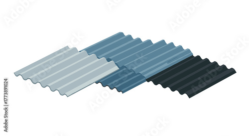 Three corrugated metal panels in different colors light blue, dark blue, and black
