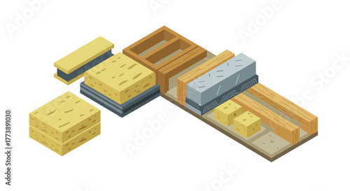 Isometric cleaning sponges and brushes on white background