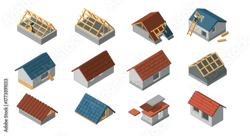 Isometric roof construction stages building process with various roof styles and materials