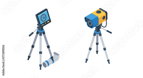 Isometric camera equipment tripods with modern technology design