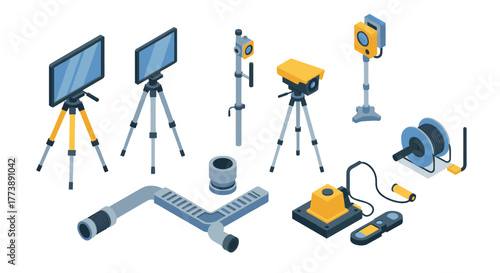 Isometric survey equipment set with tripods and accessories for geodetic measurements