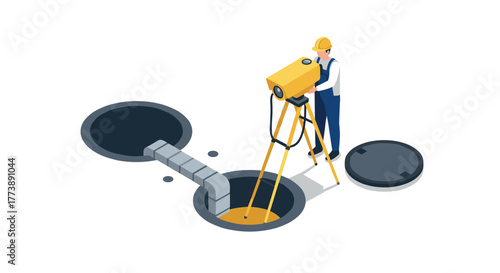 Isometric surveyor measuring sewer system with advanced equipment