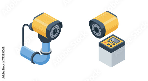 Modern isometric cctv cameras with control panel on white background for security systems