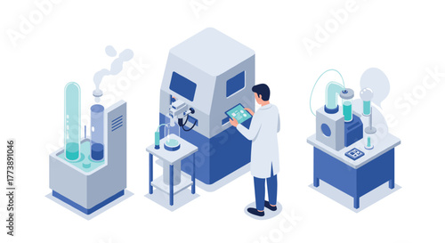 Isometric laboratory scene with scientist using modern equipment and technology