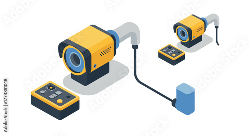 Isometric surveillance camera with control panel on white background