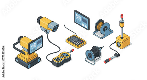 Various isometric surveillance technology equipment on white background