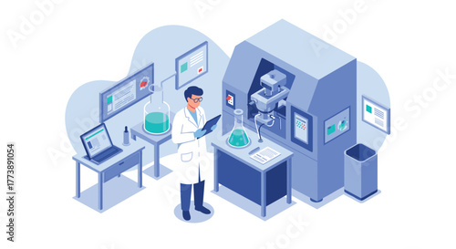 Modern laboratory scene with scientist analyzing data in isometric design