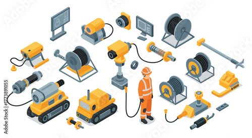 Isometric construction tools and machinery set for industrial projects