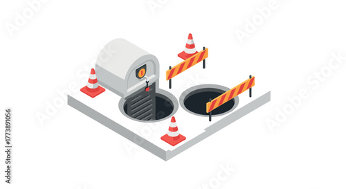 Isometric sewer manhole with safety cones and barriers on white background