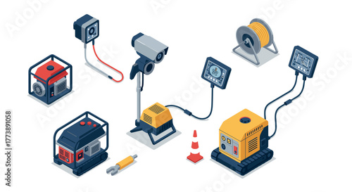 Isometric construction equipment set with generators and security cameras