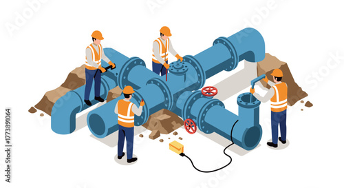 Engineers working on industrial pipeline system in isometric style