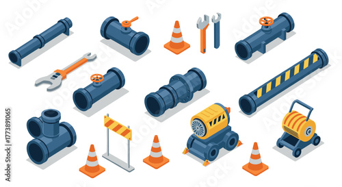 Isometric industrial pipe and construction tools set with traffic cones and barriers