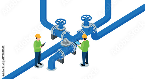 Engineers overseeing industrial pipe system in isometric design