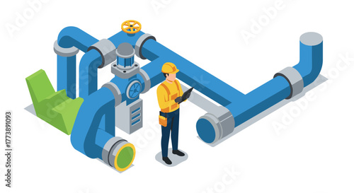 Isometric industrial engineer inspecting blue pipes in a modern facility