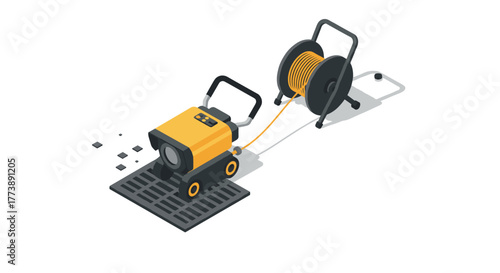 Isometric sewer inspection equipment with camera and cable reel on white background