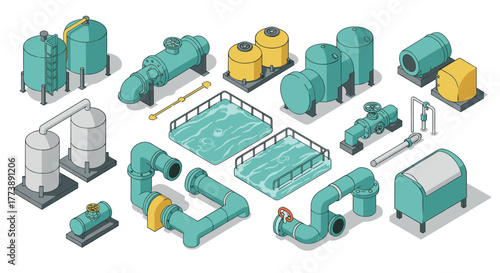 Isometric industrial equipment set featuring water treatment tanks and pipes
