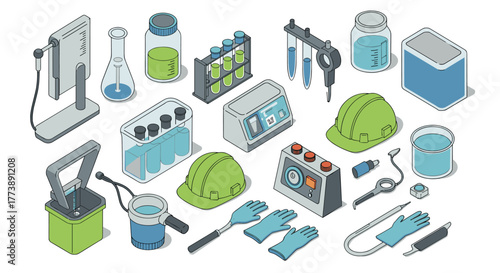 Laboratory equipment and safety gear isometric design set for modern science applications