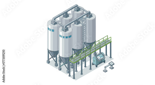 Isometric industrial silos with control panel and ladder