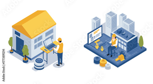 Construction technology in isometric style workers interacting with smart devices and urban development