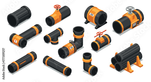 Industrial pipeline elements in isometric style with valves and connectors