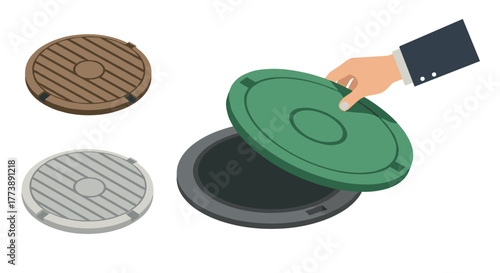 Isometric manhole covers with hand holding green lid in different styles