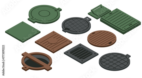 Isometric sewer covers and grates collection in various shapes and colors