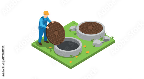 Isometric worker opening manhole cover on grassy terrain with rocks and flowers