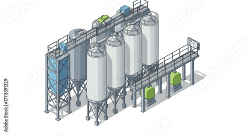 Isometric industrial silos with walkway and machinery in high detail