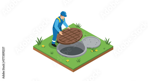 Utility worker lifting manhole cover on grass patch in isometric design
