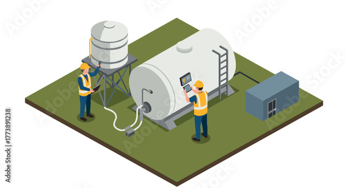 Industrial workers monitoring fuel storage tanks in isometric style