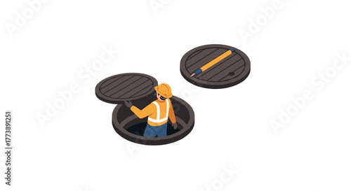 Isometric construction worker emerging from manhole for utility maintenance