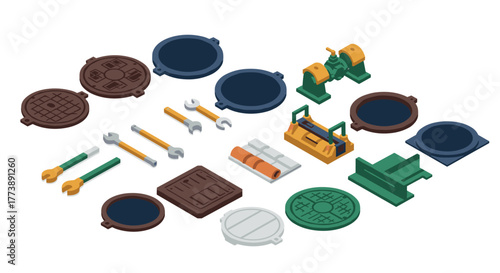 Isometric industrial tools and equipment for maintenance and repair