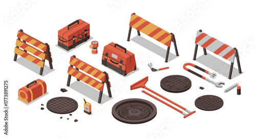 Isometric construction tools and barriers with road repair elements